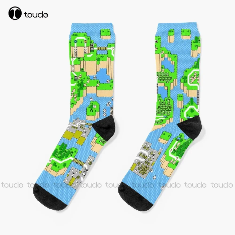 Calcetines clásicos Smw Mapa Mundi de 8 bits, calcetines deportivos personalizados, unisex, para adultos, adolescentes y jóvenes, 360 °   Impresión digital