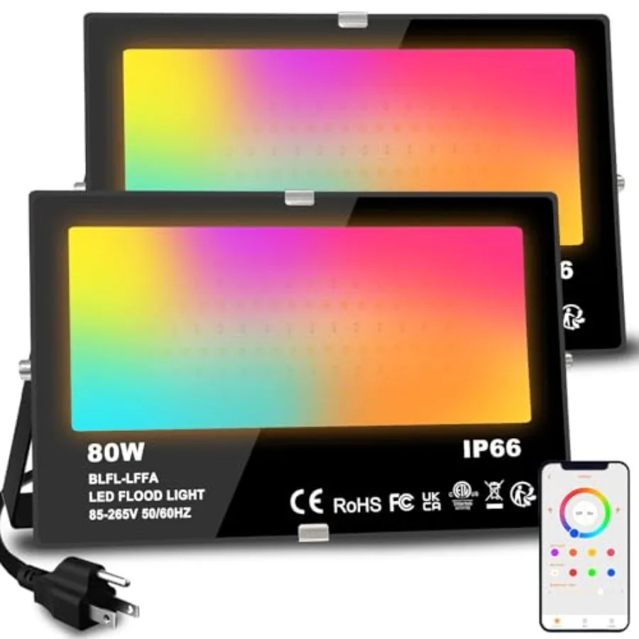 LED Flood Light Outdoor 800W Equivalent 8000LM Smart RGB Landscape Lighting with APP Control, DIY Scenes - Timing - Warm White
