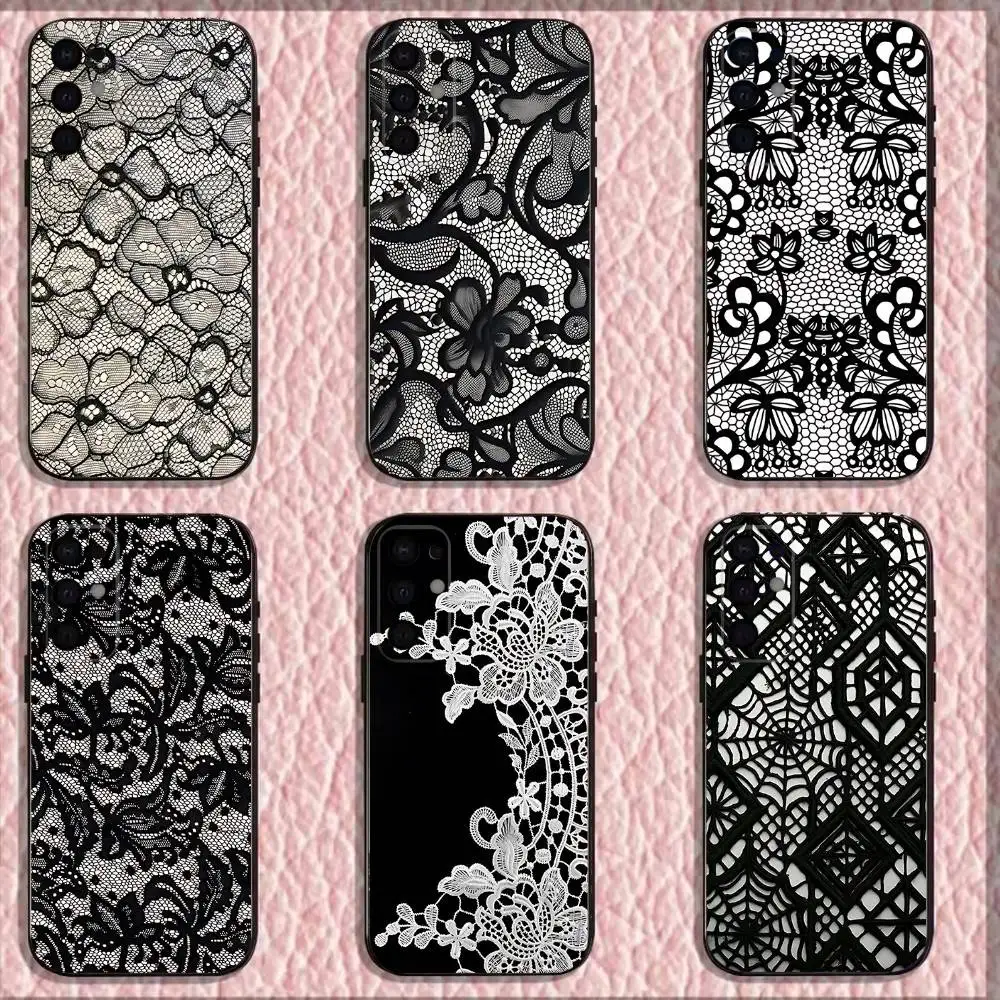 

Phone Case For Samsung S 25,24,23,22,30,21,10,9,Ultra,Plus,Lite,FE,4,5G Sexy Lace Vintage flo art Black Soft Case