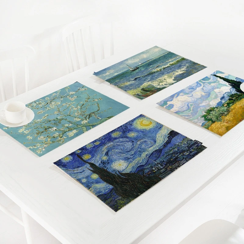 Van Gogh Art Printed Heat Resistant Placemats Set Of 4 Non-Slip Washable Table Mats For Dining Kitchen Home Decor