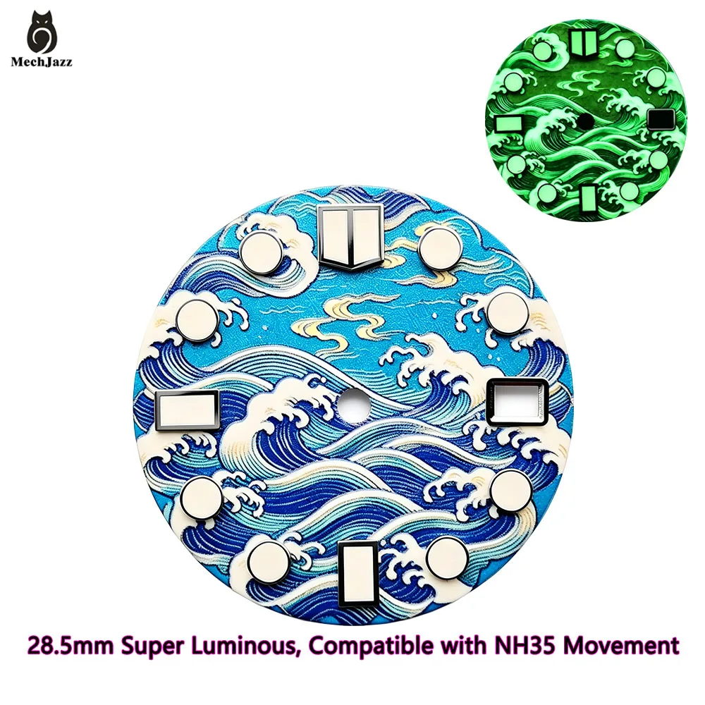 MechJazz 28.5mm Sea Wave Pattern Watch Dial, Super Luminous Dial, Compatible with NH35, NH36 Movement, Watch Modification Parts