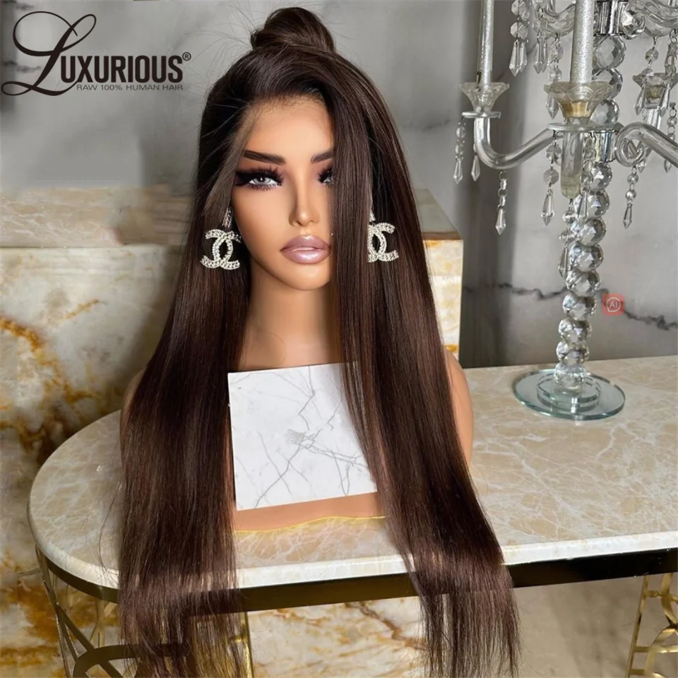 Dark Brown Colored 13X4 Lace Front Wig Brazilian 100% Human Hair Straight Pre Plucked Frontal Closure Wigs Pre Cut For Women