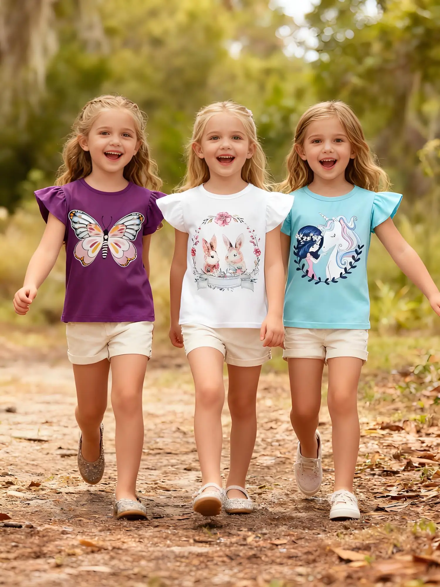 

Three-piece set of girls' summer round-neck pure cotton short-sleeved T-shirts with small flying sleeves, casual style