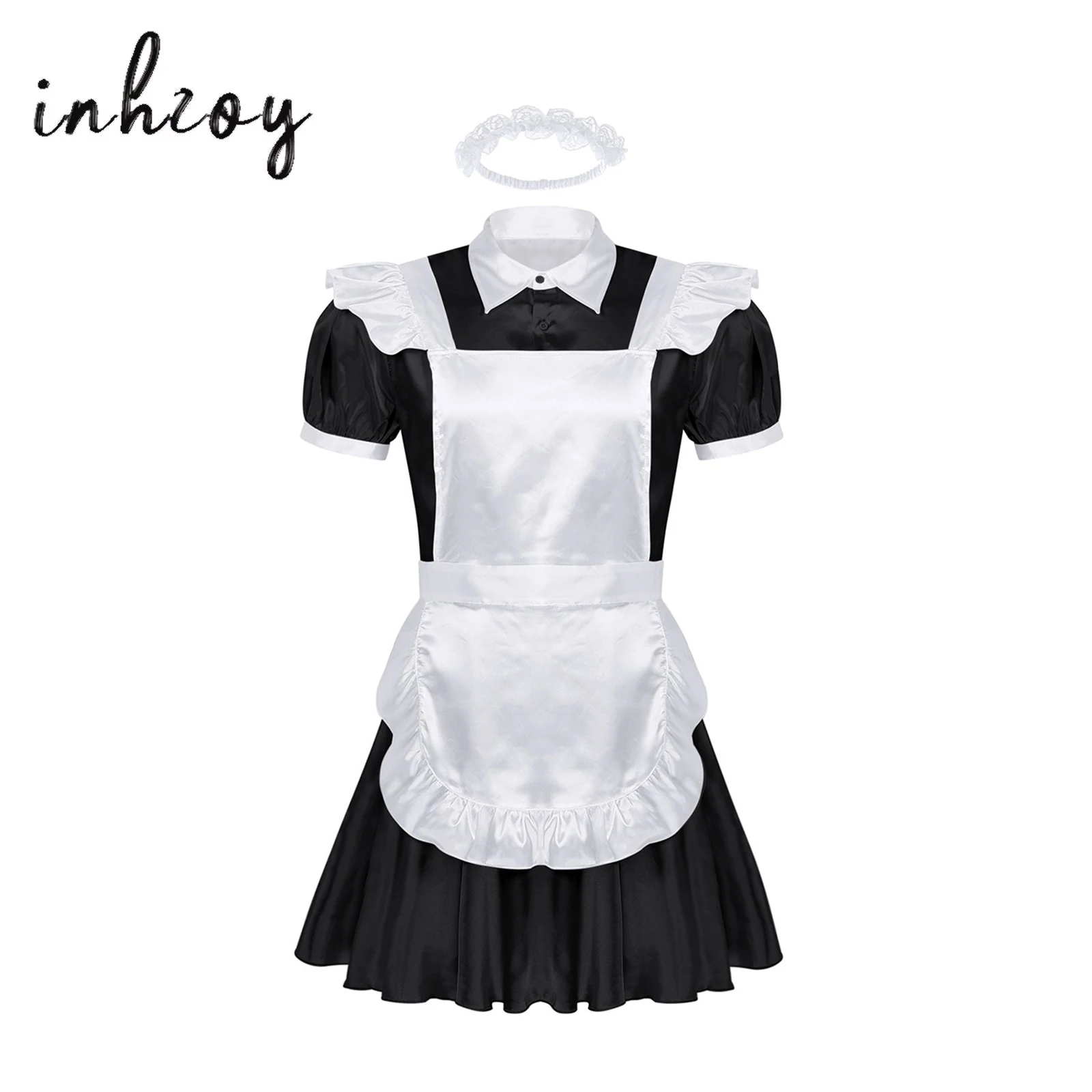 

Men Adults Sissy Maid Cosplay Costume Outfit 3Pcs Turn-down Collar Puff Sleeve Front Button Down Dress with Apron and Headband