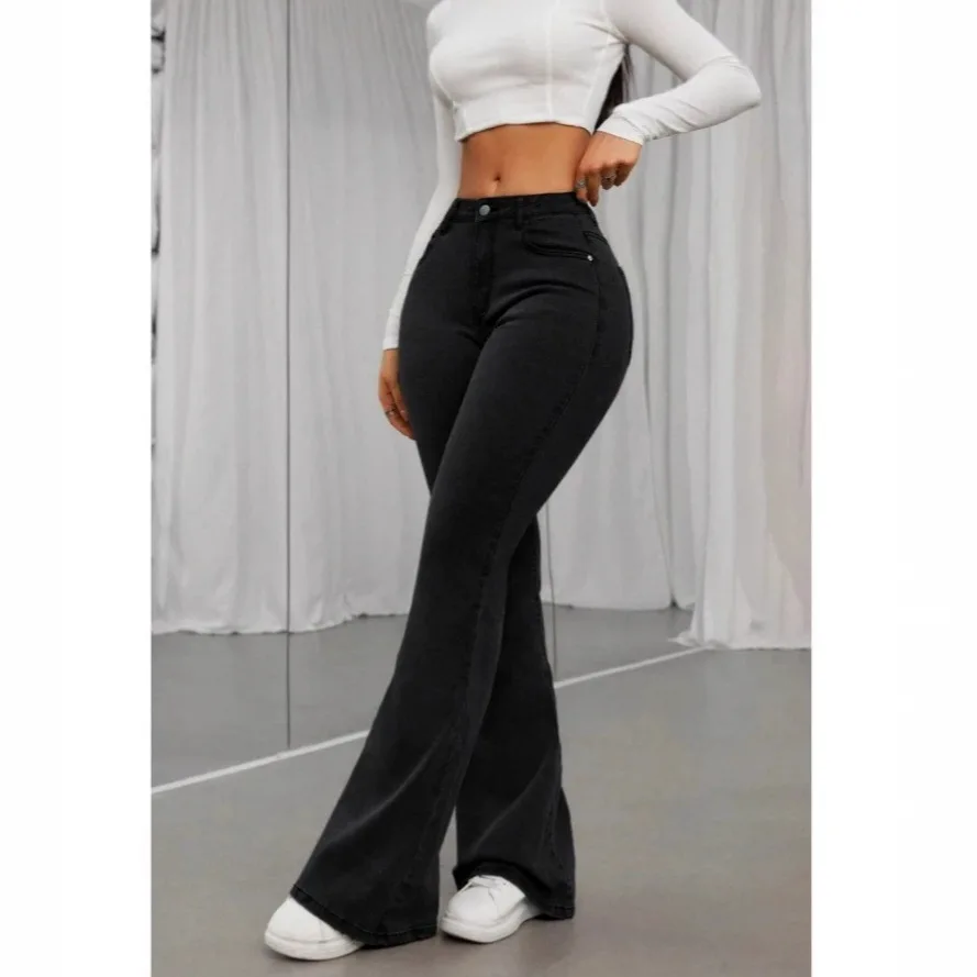 Black High Waist Cotton Stretchy Jeans Women's Micro Flared Pants Commute Style Autumn Fashion OZONWB Youth Polyester Blend