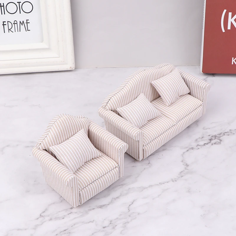 1:12 Dollhouse Miniature Striped Furniture Sofa With Pillow Sofa Model Furniture Scene Toy Doll House Decor Dollhouse Accessorie