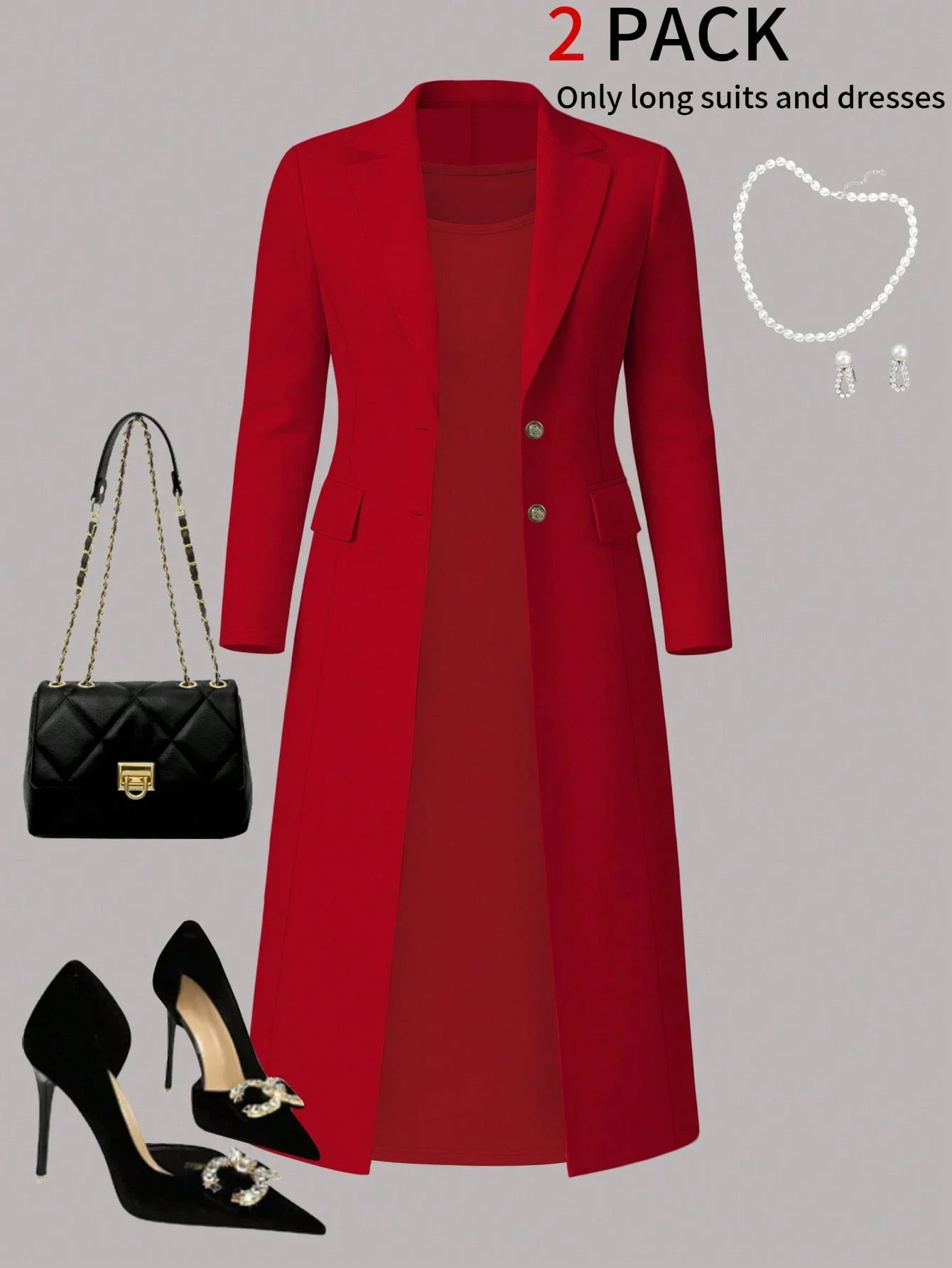 

Women's Elegant 2-Piece Set Solid Color Long Blazer And Sleeveless Midi Dress