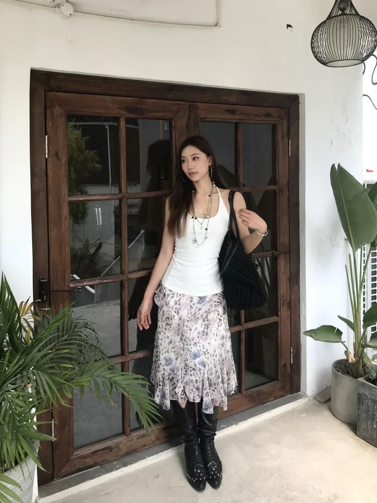 Romantic Lightweight Midi Skirt Women's Summer New Style Versatile High Waist A-Line Skirt Leopard Print Asymmetrical Hem