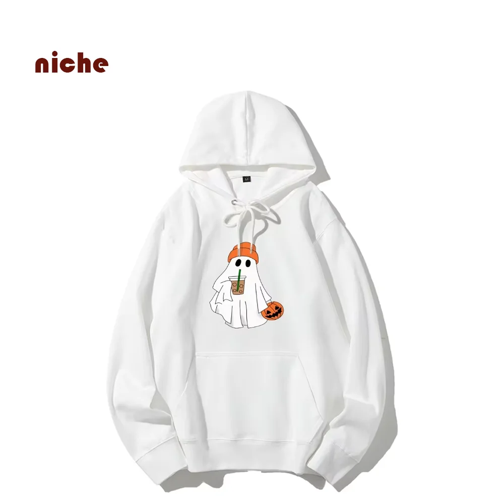 

Halloween Cotton Hooded Sweater Pumpkin Ghost Cartoon Print Casual High Gram Weight Loose Retro Fashion 2024 Trend Hoodie