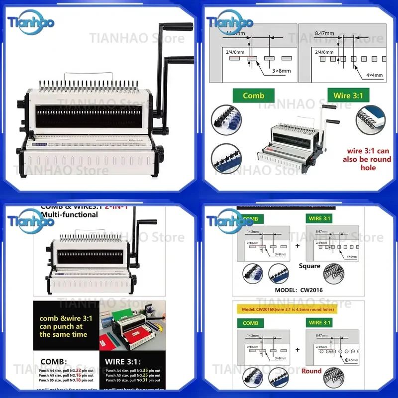 for CW2016 Wire and Comb Binding Machine Multi function Book Binder Office Document Punching Binding Tool for A4 Paper