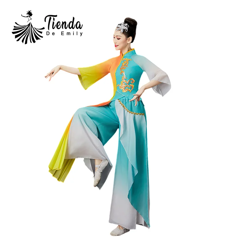 Chinese Classical Dance Costumes Yangko for Woman Classic Square Clothing Waist Drum Costume Hanfu Horn Sleeve Skirt Pant Flowy