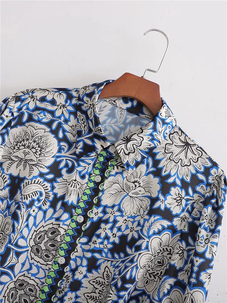 Abiti da donna Casual blu con stampa lunga camicia 2022 primavera donna a vita alta con fusciacche abito da donna a maniche lunghe con bottoni