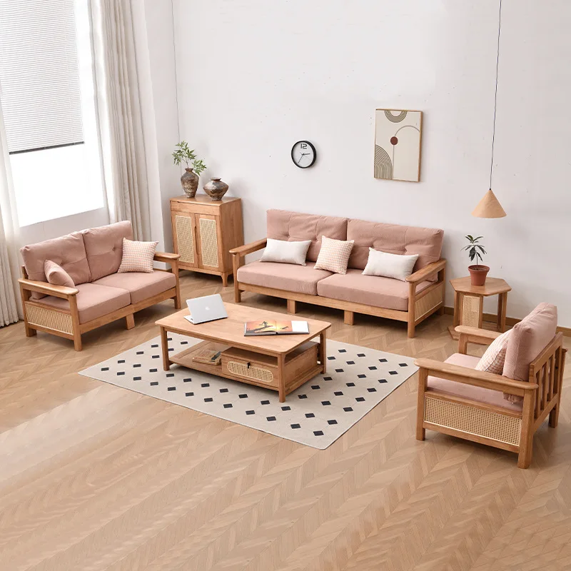 Wabi Stillwind rattan solid wood sofa combination living room simple small apartment corner princess rubber wood all solid wood
