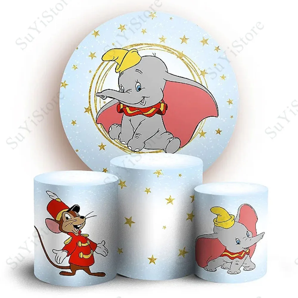 Blue Dumbo Round Photo Backdrop Kids Birthday Baby Shower Disney Cartoon Circle Photography Background Cylinder Covers