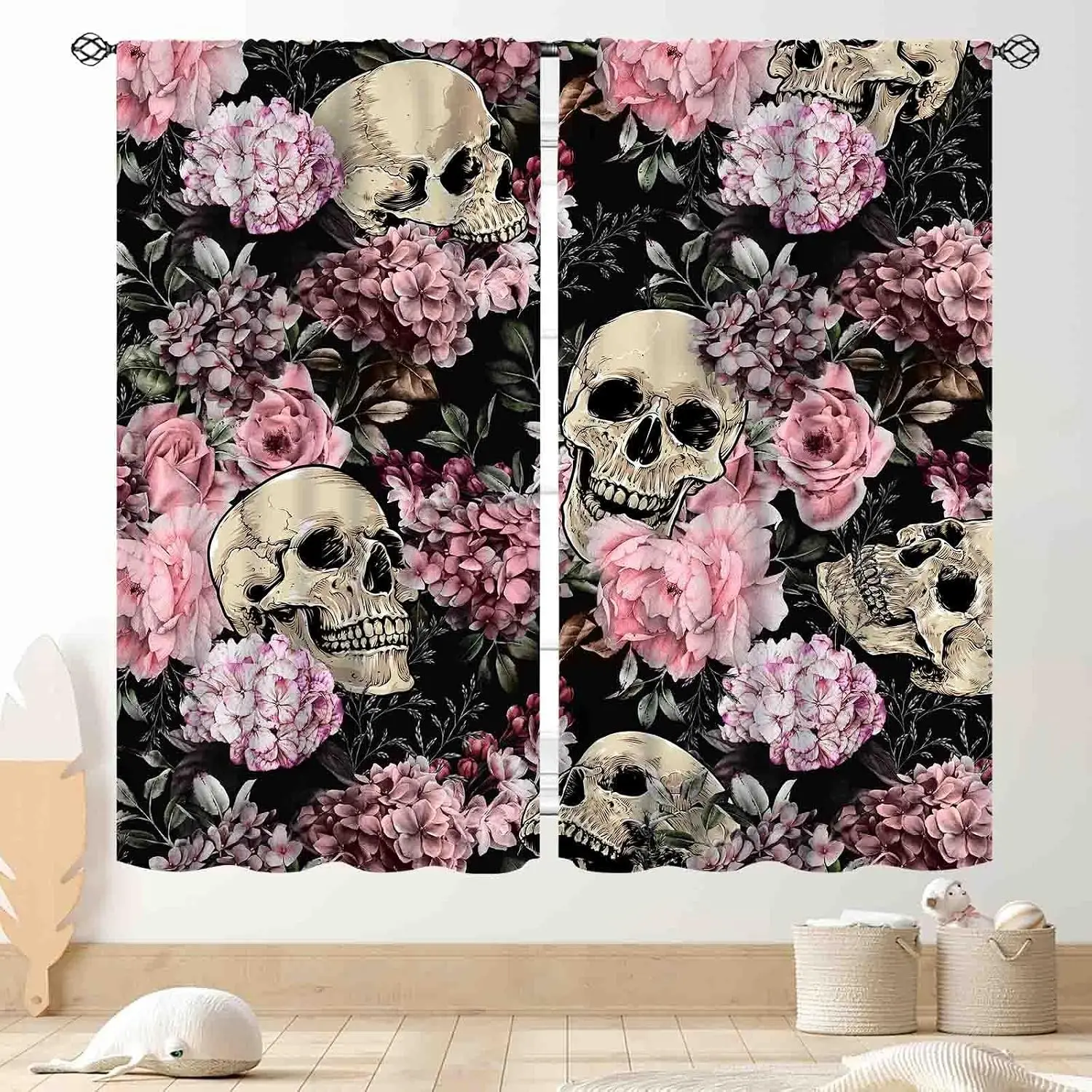 Skull Pink Hydrangea Rose Curtain 2 Panels Multi Shade Floral Dark Solid Background Master Bedroom Gothic Romantic Home Decor