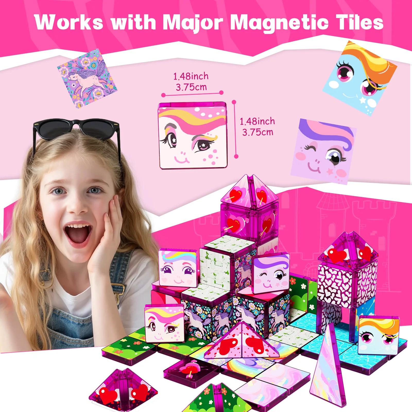 ABS Magnetic Tiles Set, Pink Unicorn Pattern Building Blocks, STEM Kids Construction Toy, Christmas Birthday Gift