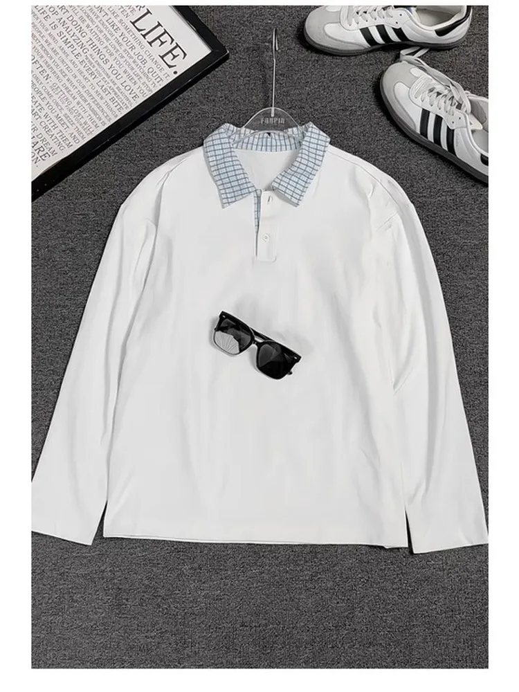 Retro American Color Block Long Sleeve  Shirt Casual Base Layer T Shirt for Men Spring Autumn Design Sense False Two-Piece