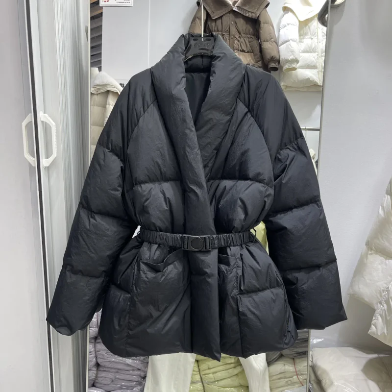 2025 inverno nova jaqueta feminina médio a longo com decote em v cinto mostra desbaste solto design exclusivo jaqueta parkas
