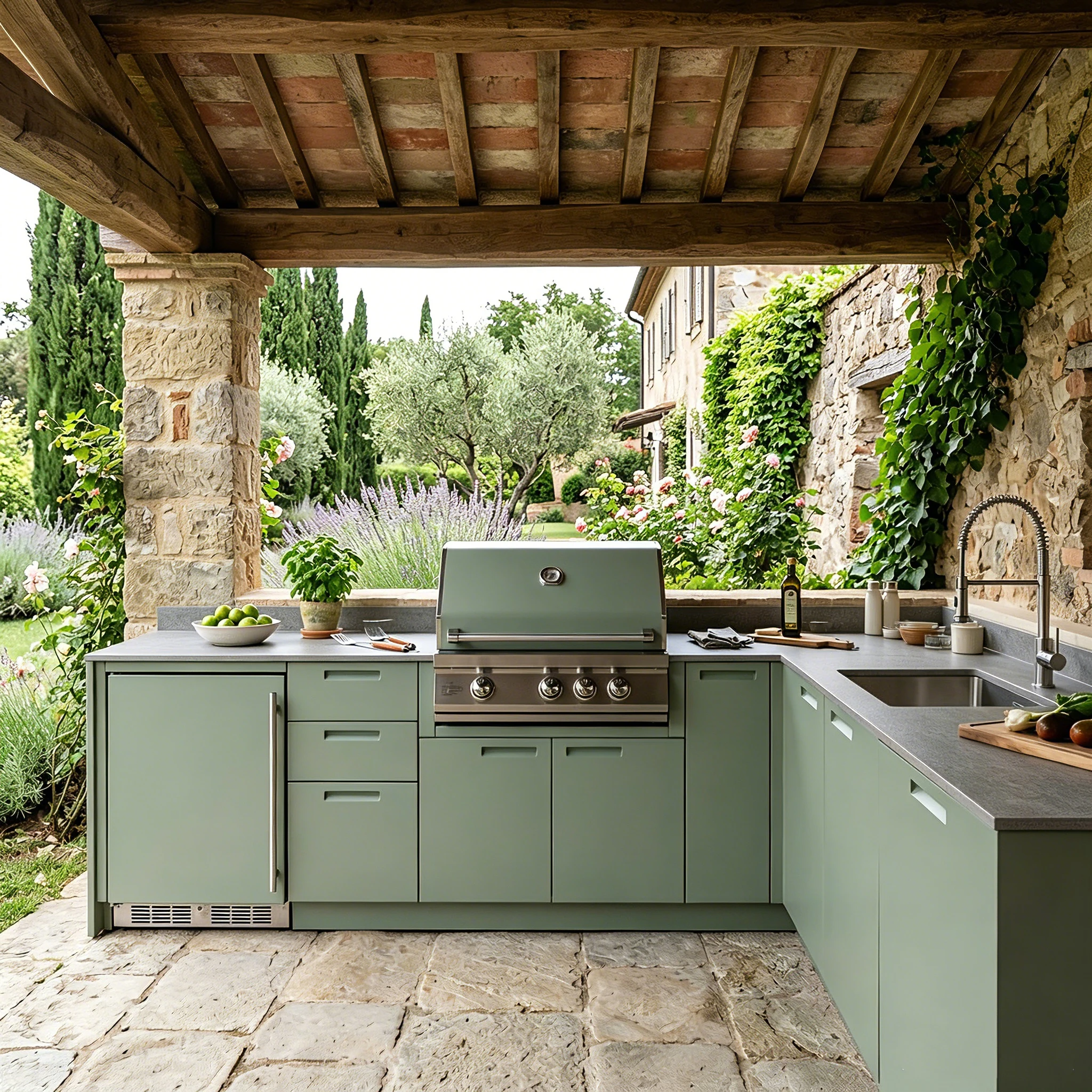 FOODLINE Galvanized Frame Outdoor Kitchen Cabinet Module With Granite Style Countertop Cut