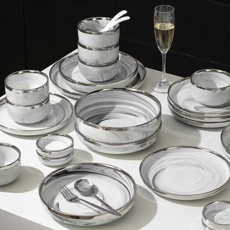 

Light Luxury Ceramic Tableware Set Marble Fish Plates With Silver Rim Household Hotel LArge Capacity Soup Bowl Deep Plates