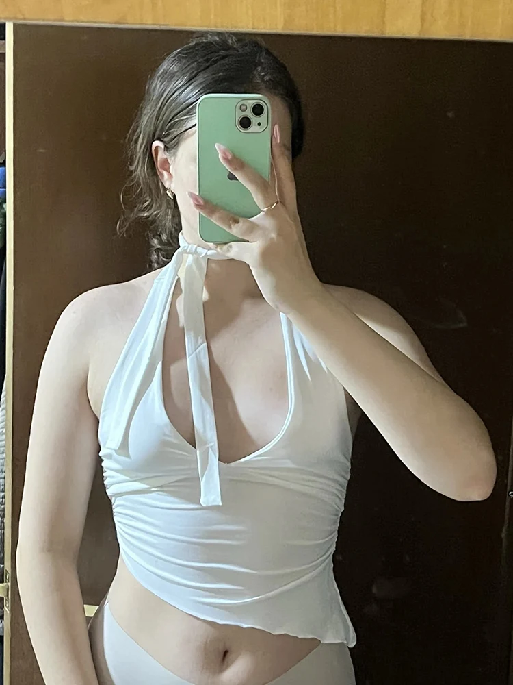 

Casual Solid Women Halter Crop Top Y2K Elegant V neck Sleeveless Fold Summer Tees Formal Streetwear Sporty Female Vest