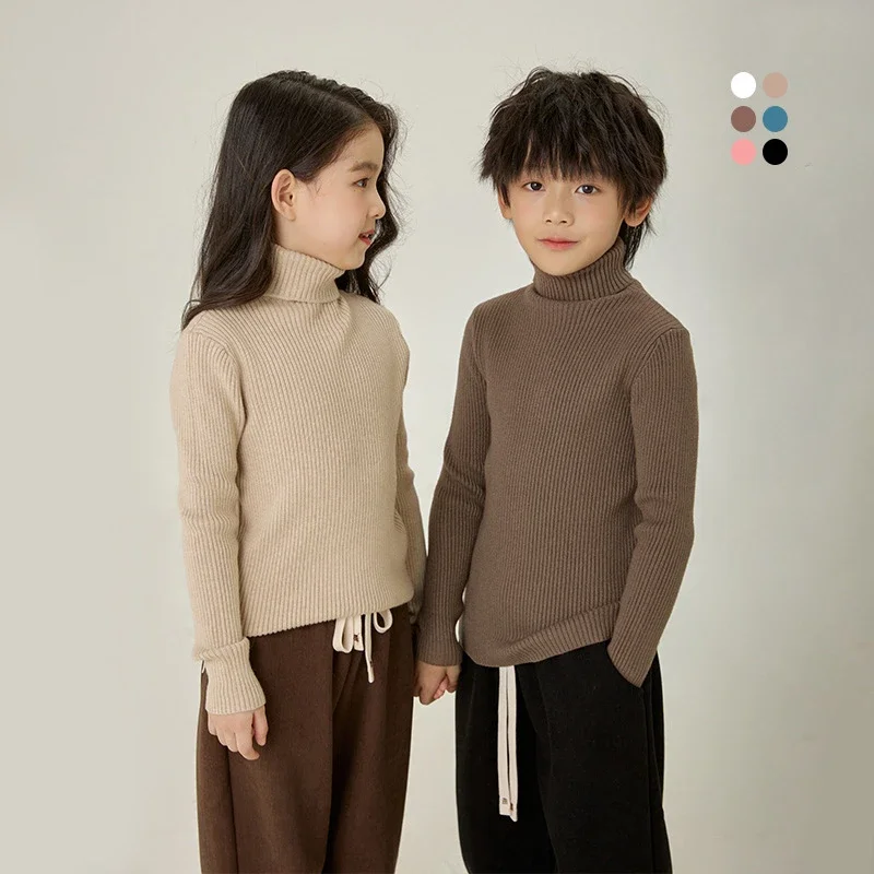 Pullovers for Kids Autumn Winter 2024 Knitted Sweater Baby Turtleneck Warm Casual All-match Boys Girls Undershirt 10 12 Years