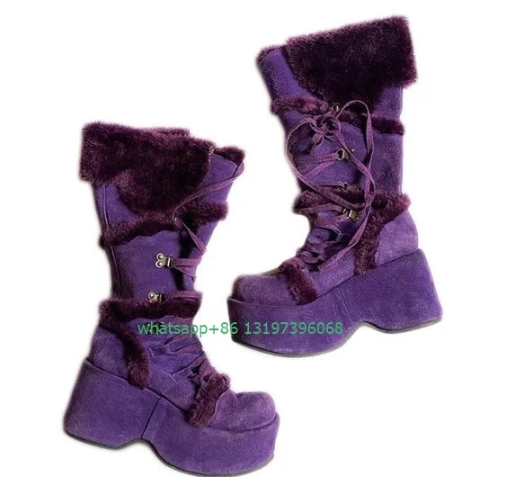 Lady vintage purple color suede design knee boots lace-up platform Y2K Gothic style party boots elegant lolita shoes size 35-46