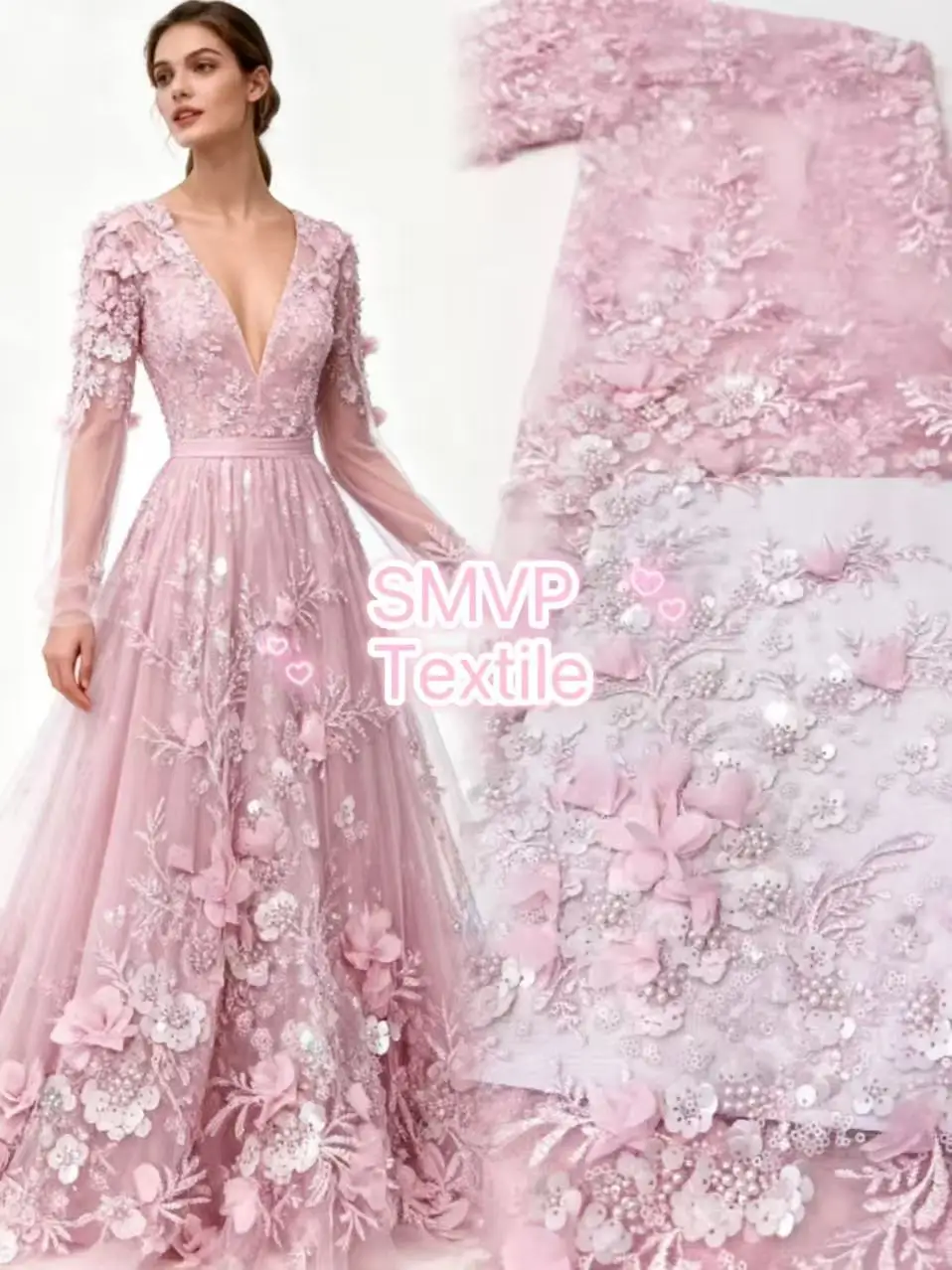 1 Yard African fabric for women 3D Flower Beads Lace Nigerian French Embroidery Tulle High-Quality for Wedding Dress Sewing