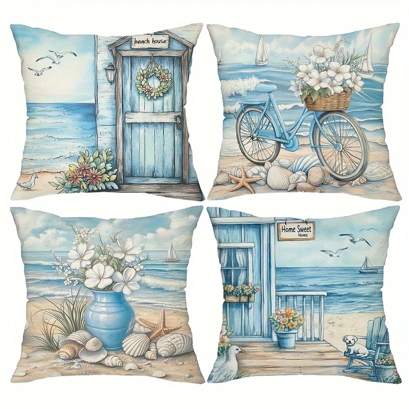 Home Decor Beach Scenes: Bicycle, Flowers, Coastal House Pattern Cushion Cover Suitable for Sofa Bedroom Car Pillow Cover