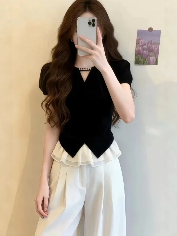 

plus Size V-Neck Short Sleeve Shirt Women's Summer Slimming Waist-Cinching Beautiful Top Fashionable Commute Style Polyester