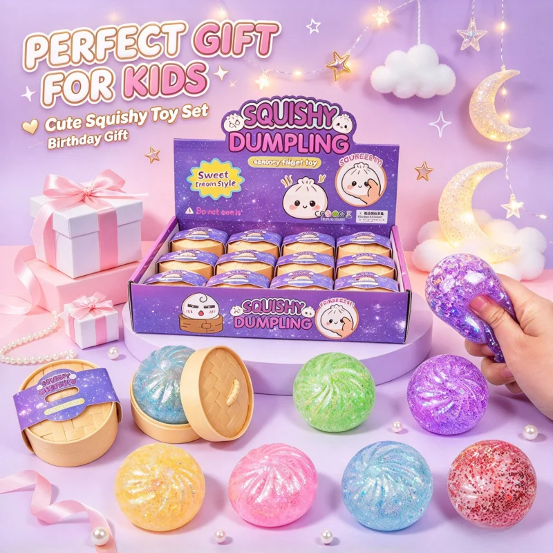 Cute Squishy Dumpling Fidget Toy Glitter Jelly Squeeze Bun Sensory Stress Relief Sparkling Squish Ball Collectible Gift