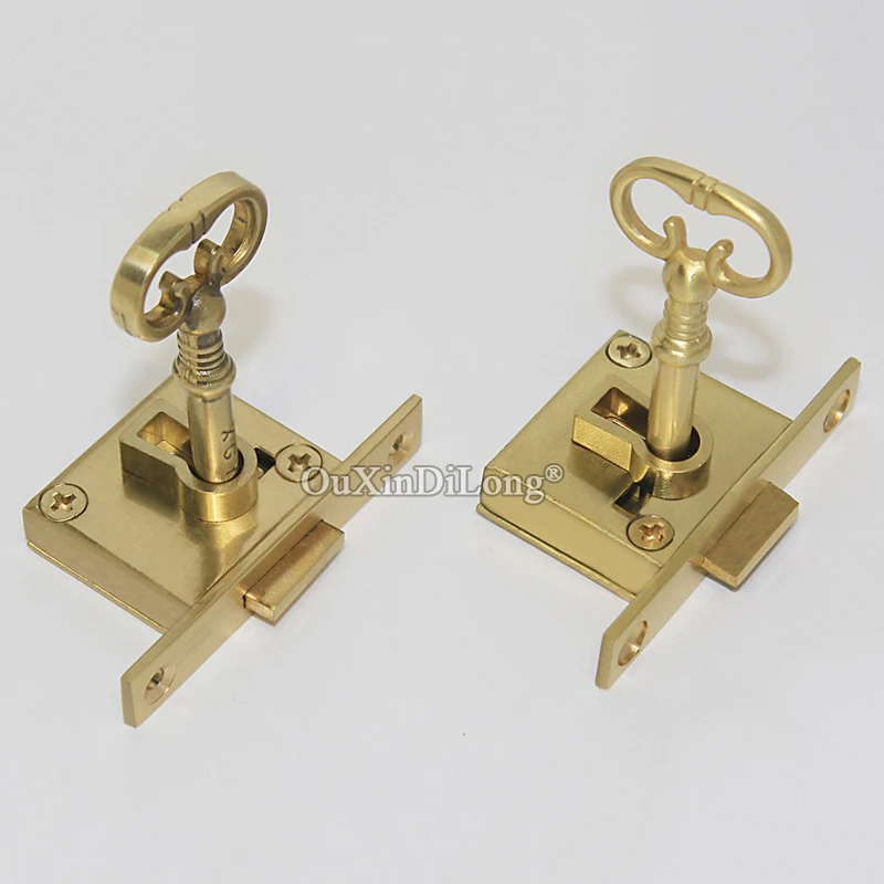 European Antique 2PCS Pure Brass Drawer Cabinet Locks Cupboard Locker File Cabinet Locks Hidden Wood Furniture Locks+Key+Screws