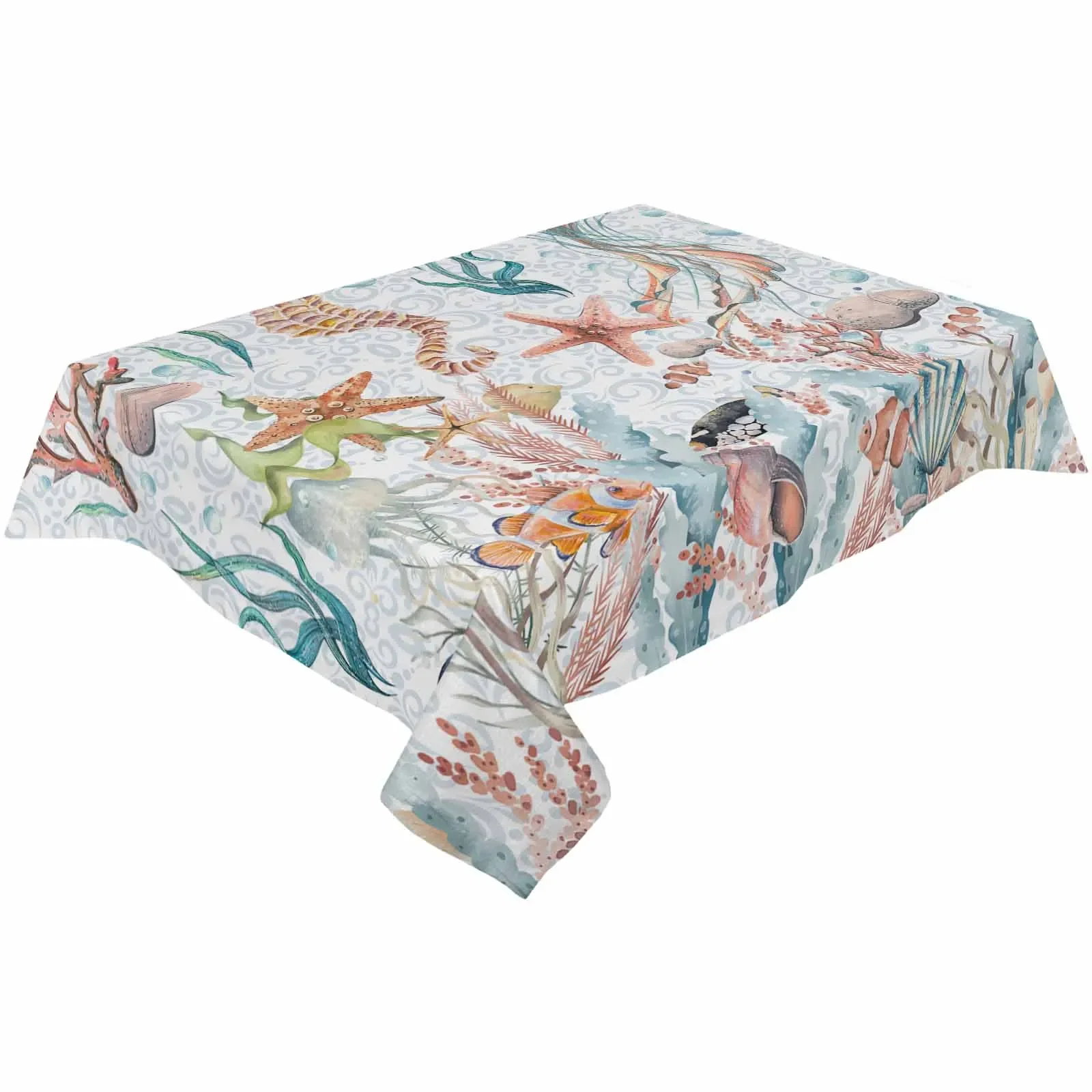 Watercolor Shell Seahorse Jellyfish Coral Starfish Waterproof Tablecloth Party Decor Rectangle Table Cloth Kitchen Table Decor