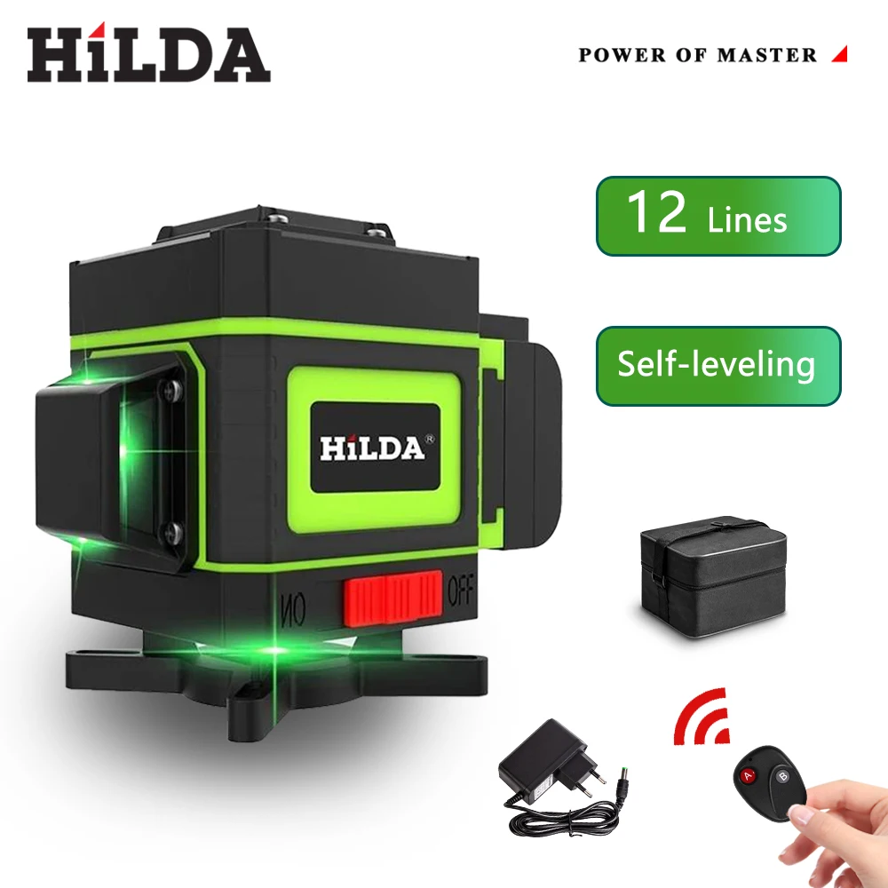 HILDA 3D 360 수평 수직 크로스 레이저 레벨 기기, 초강력 그린 빔 광학 기기, 12 라인 