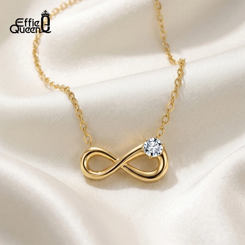 EFFIE QUEEN Fashion Stainless Steel Infinity Necklace Classic Zircon Charm Infinite Bowknot Pendant Choker Jewelry Gift HTKN03