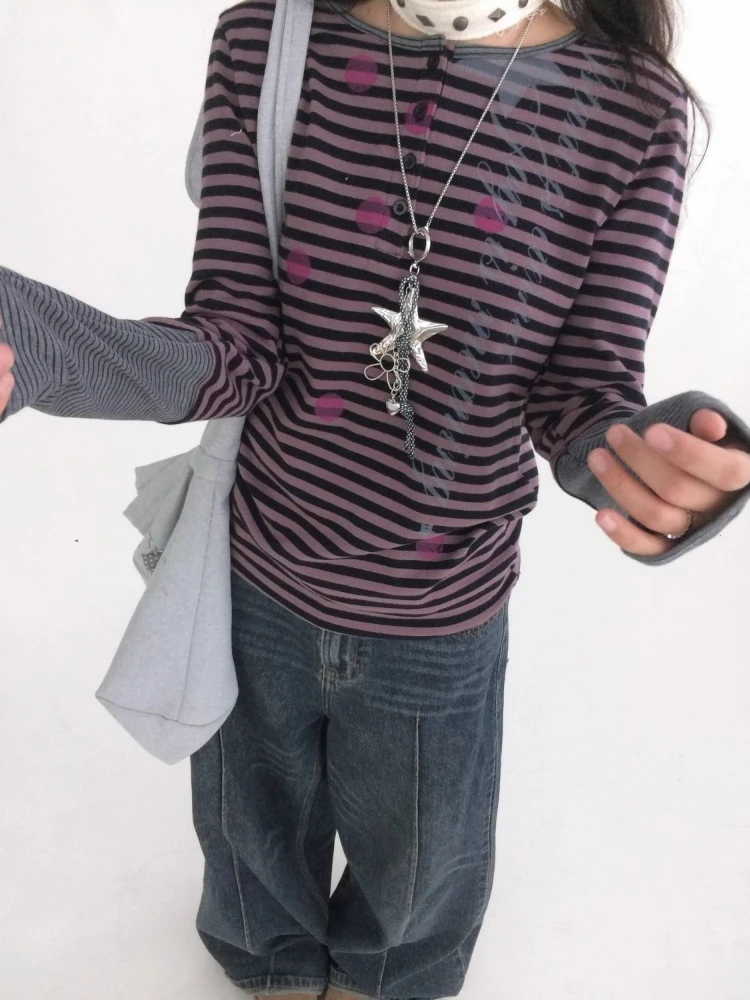 

Японские полосатые лоскутные футболки в стиле гранж, женские повседневные свободные футболки в стиле Харадзюку на пуговицах Y2k, эстетичная винтажная футболка с буквенным принтом