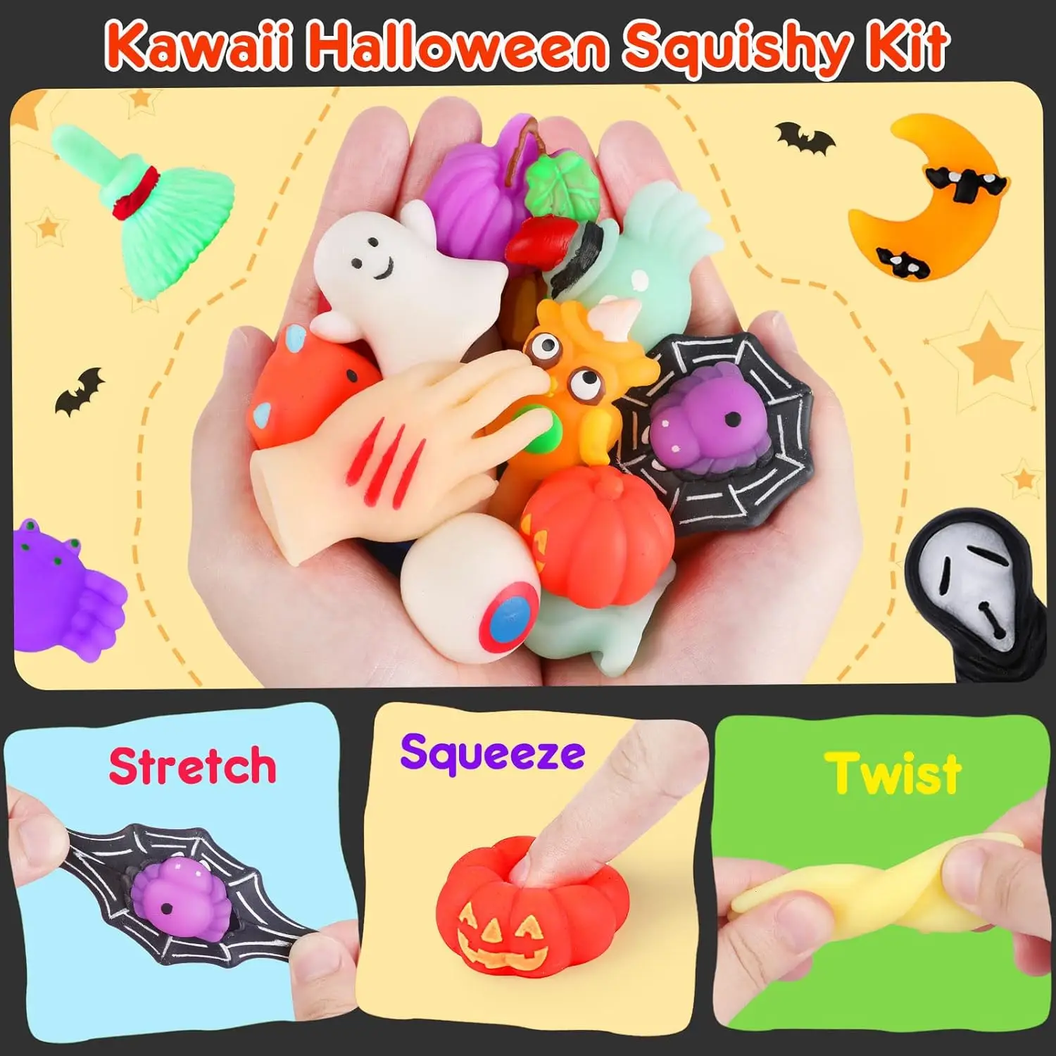 Mochi Squishy Toys with Halloween Pumpkin Bucket Trick or Treat Bucket Bat Skull Broken Hand Squeeze Toy Halloween Decorations