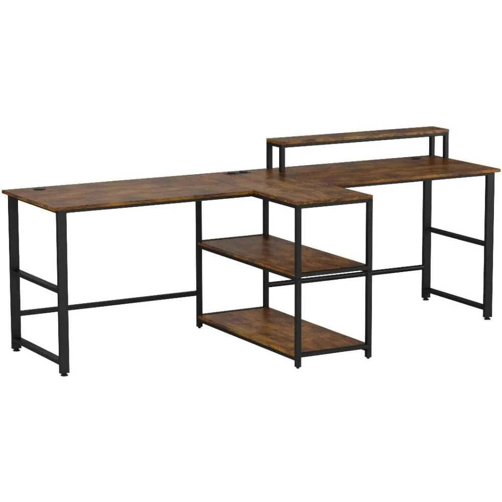 Home Office Desks, Computer Gaming Desk with Storage, LED Lights, Power Strip with USB, Keyboard Tray & Monitor Stand