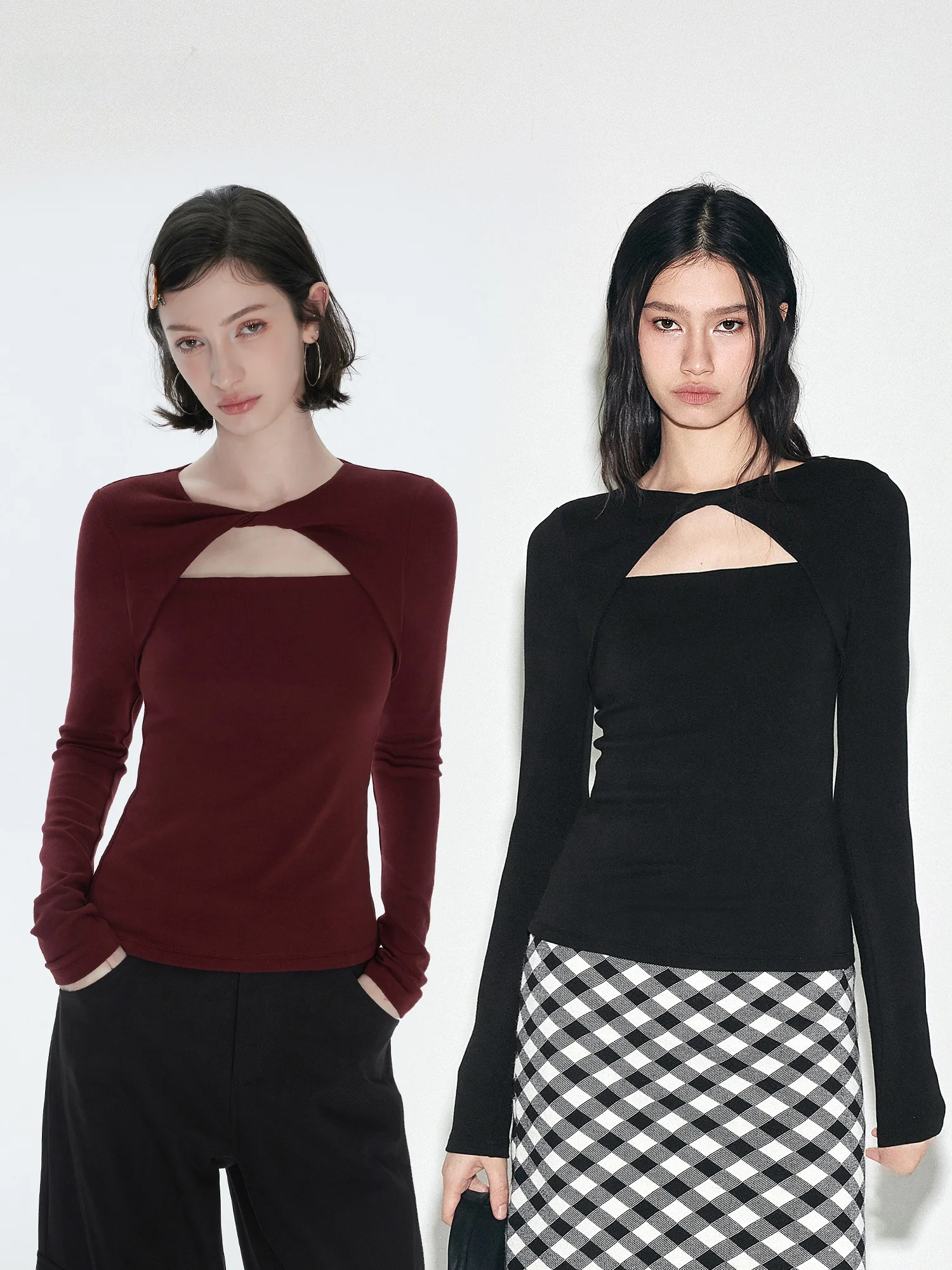 Annachic Elegant Line Hollow out Long Sleeve T-Shirt Women's Slimming Outerwear Top Simple Style Universal Fit Cotton Blend
