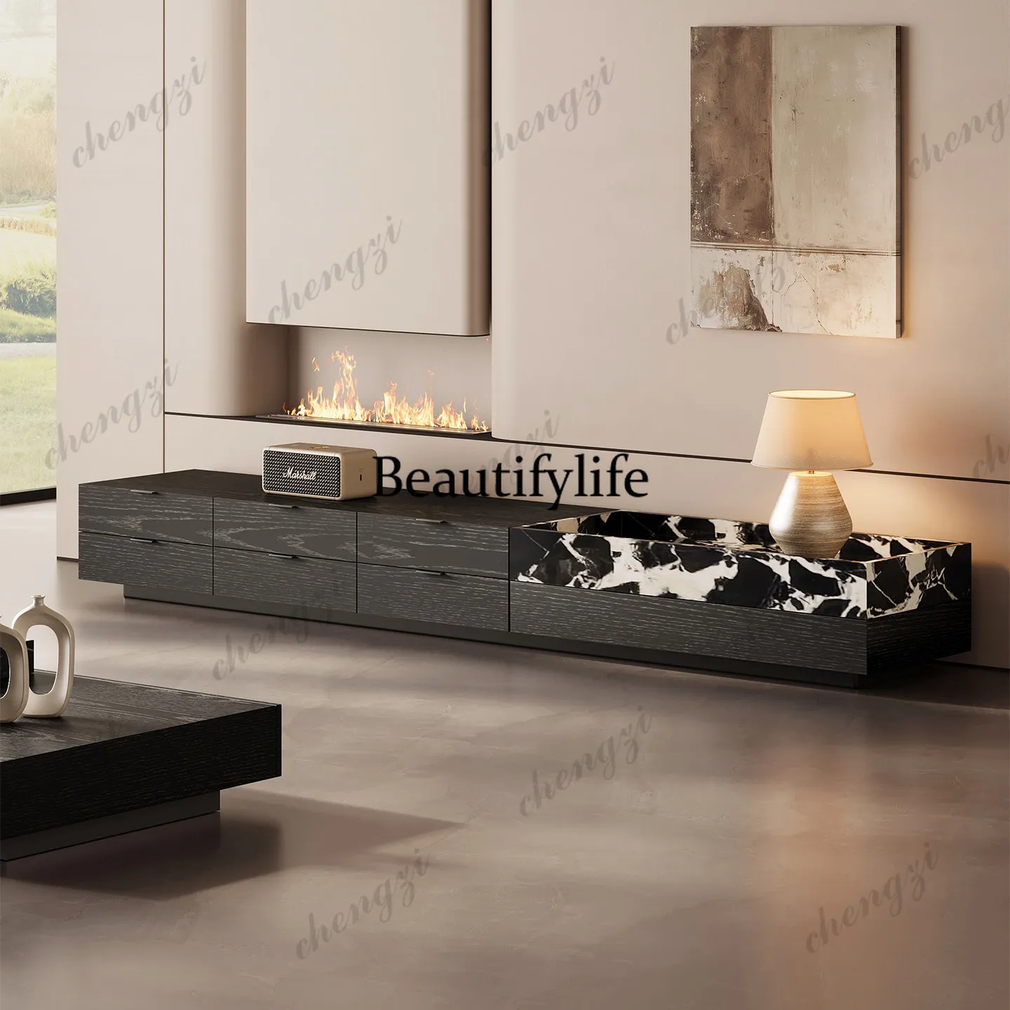Natural Luxury Stone TV Cabinet Modern Simple Italian Light Luxury Storage Living Room Household Floor Cabinet