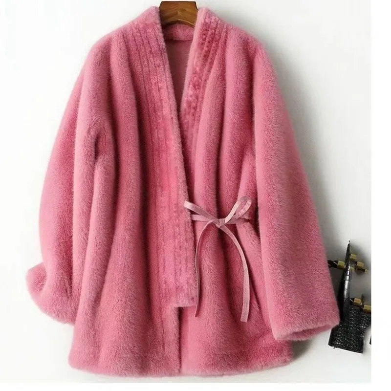 

Зимняя шуба, женская теплая винтажная пушистая куртка из искусственного меха на шнуровке, роскошная брендовая одежда, кардиган с длинными рукавами, дизайнерская верхняя одежда