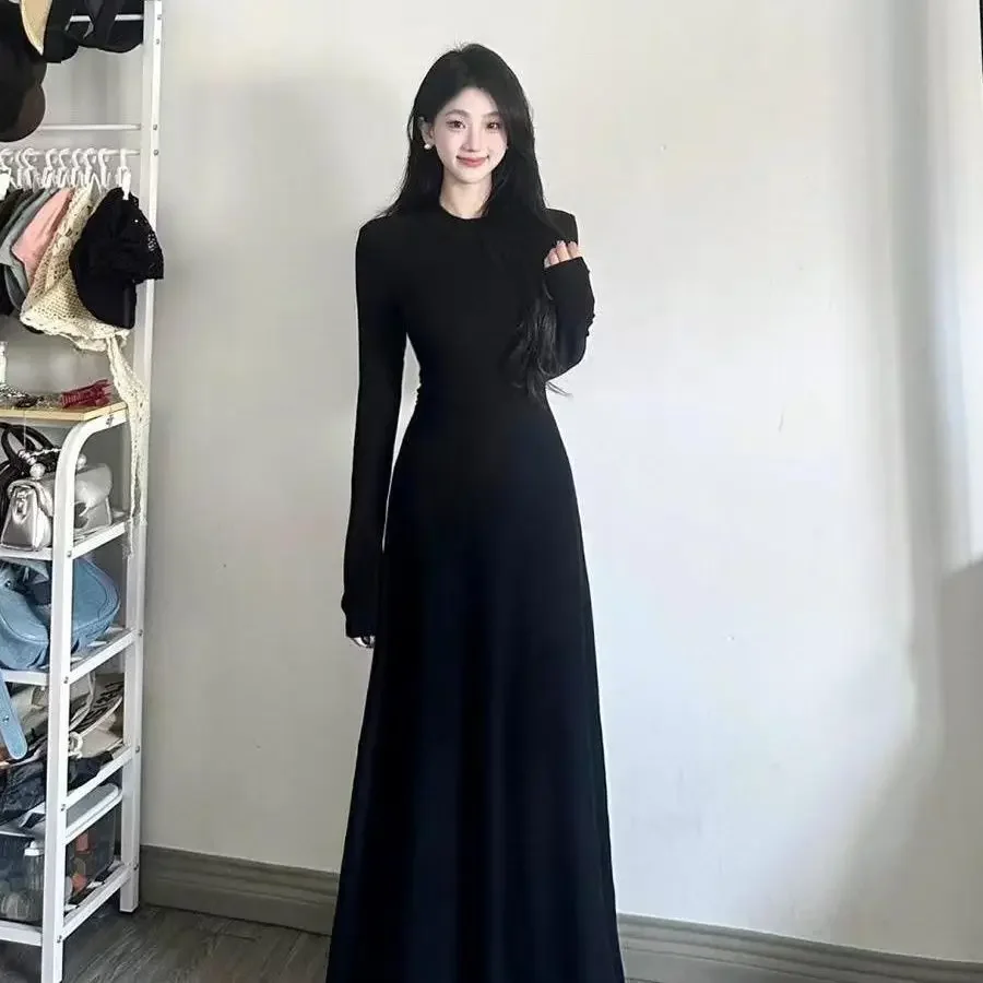 Hebe نمط أنيق فرنسي أسود فستان بكم طويل المرأة أوائل الخريف جديد الخصر مقصوص ثوب التخسيس تصميم دقيق