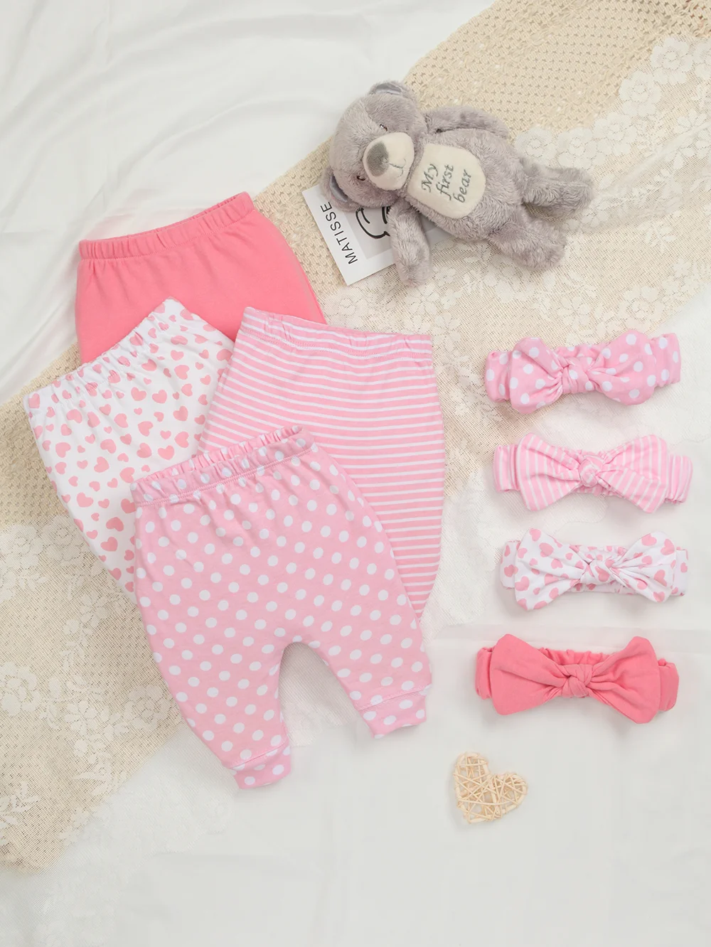 

4-Pack Baby Girls Sweatpants with Headbands, Soft Cotton Harem Pants for Newborn, Cute Polka Dot Printed Babies Leggings