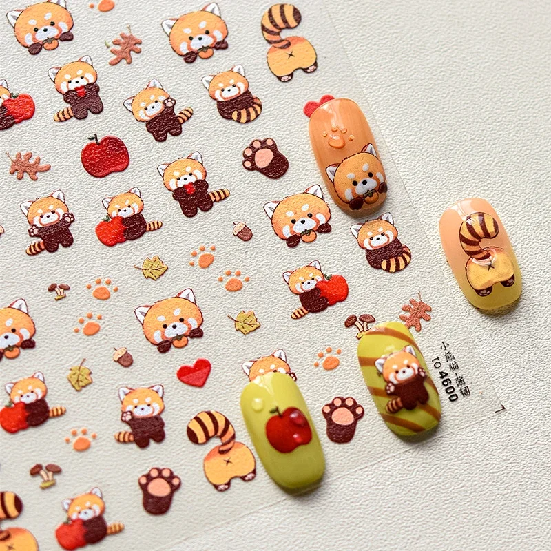 Raccoon Ailurus Fulgens Lesser Panda Tail Bear Apple Pinecone Mushroom Paw Heart Leaves Adhesive Nail Art Sticker Manicure Decal