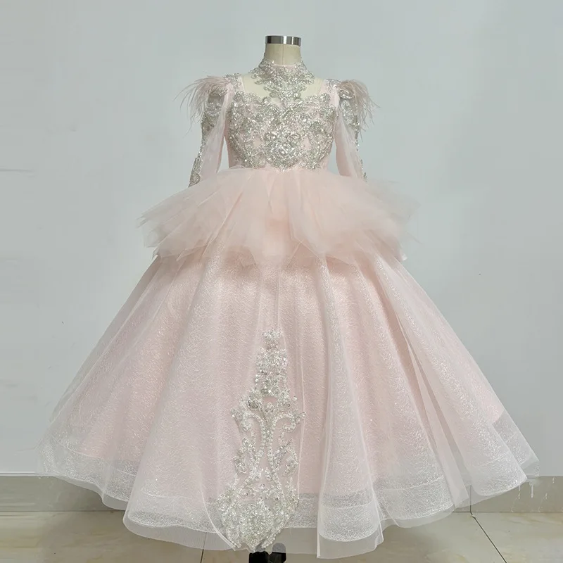 Pageant Dress for Girls New Children Sweet Princess Party Gown Puffy Tulle Flower Girl Wedding Host Model Show Dresses Costume