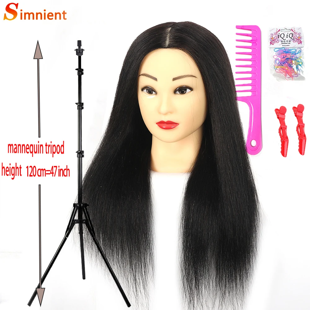 Mannequin Head with 100%Human Hair Real Hair Cosmetology Head Hair Styling Hairdressing Practice Training Doll Heads WiTh tripod