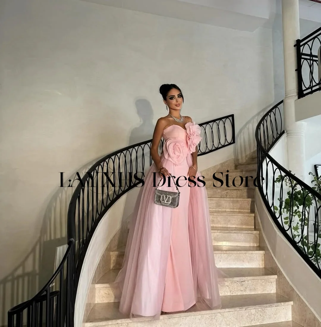 LAYXHS Exquisite trägerlose Abendkleider, rosa A-Linie, Blumen, Tüll, Hofschleppe, Ballkleider, individuell gestaltet