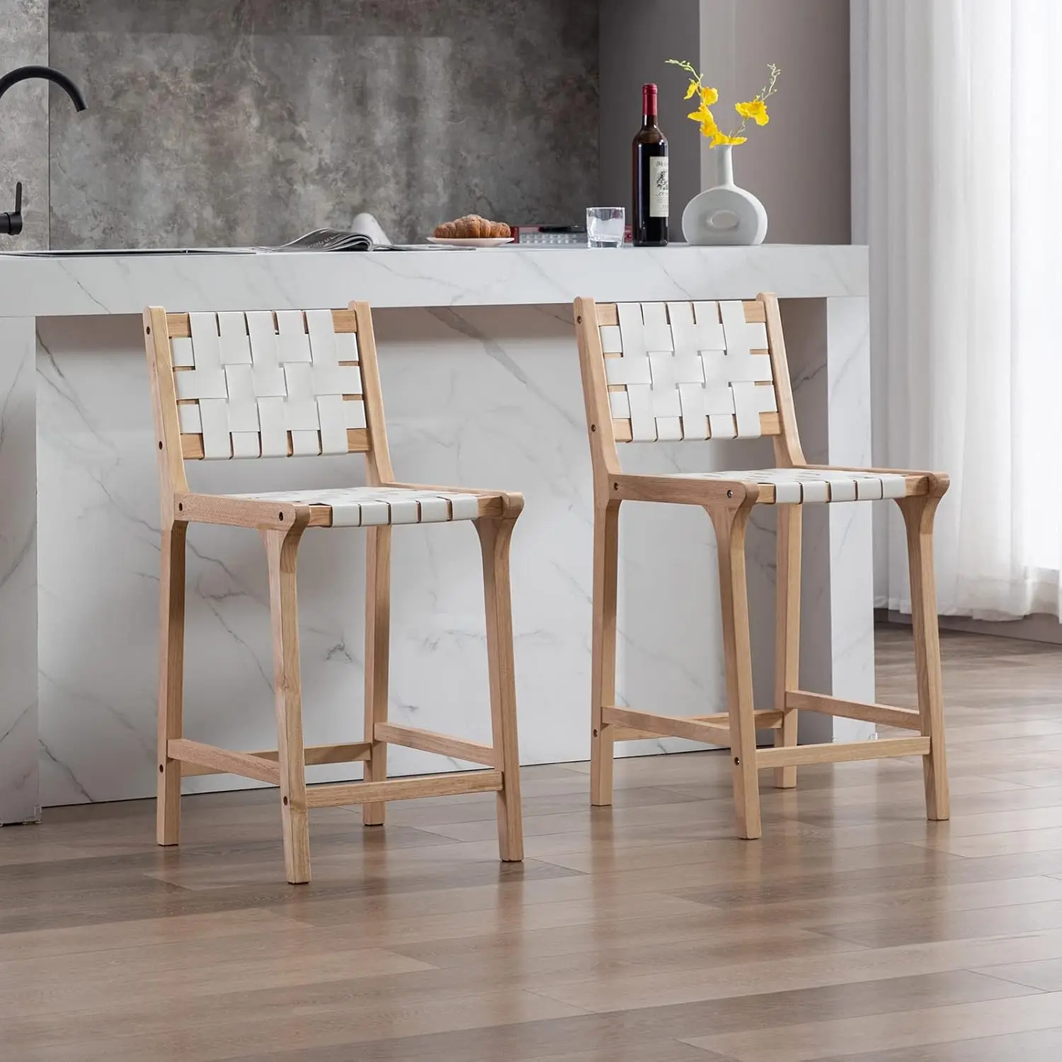 Counter Stool Set of 2, PU Woven Seat & Open Back, 23.5