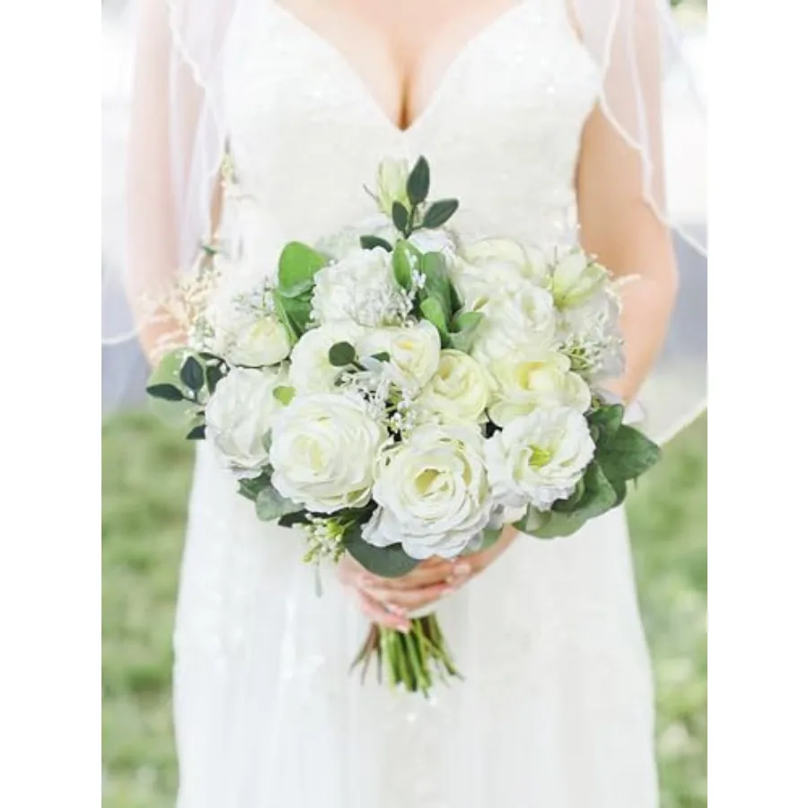 9.4 Inch White Green Wedding Bouquets for Bride Bridal Bouquet for Wedding Artificial Bouquets Silk Flowers