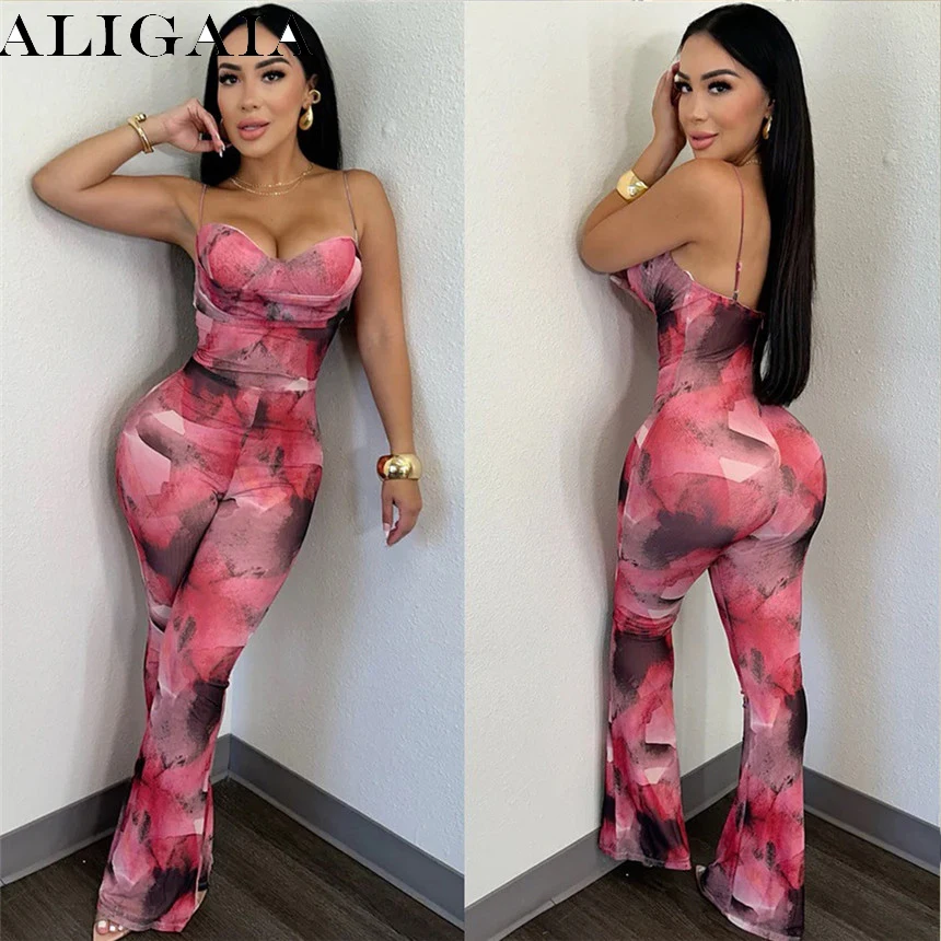 

2026 Spring Sexy Spaghetti Strap Backless Tie Dyed Print Jumpsuits Women Low Cut Sleeveless One Piece Rompers Y2K Clothes New